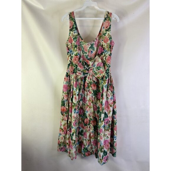 Vintage 80s Country Floral Button Front Bow Tea Dress Cottagecore - Picture 5 of 7